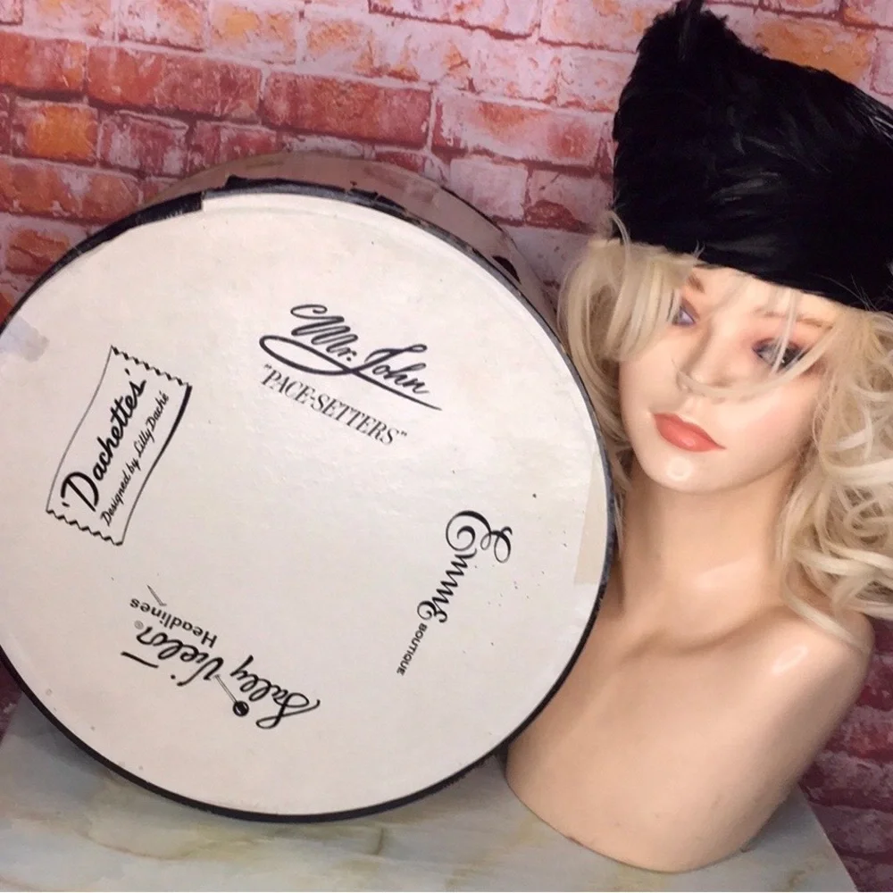 Vintage MCM Mr. John's Black Iridescent Feather Toque Hat in Original Box